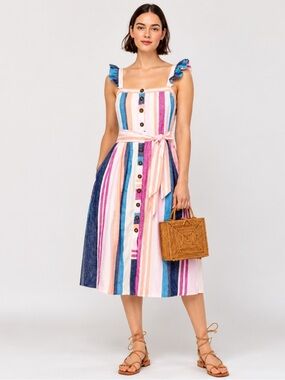 J CREW Linen Button-up midi dress in mixed stripe Multicolor Sleeveless Lined